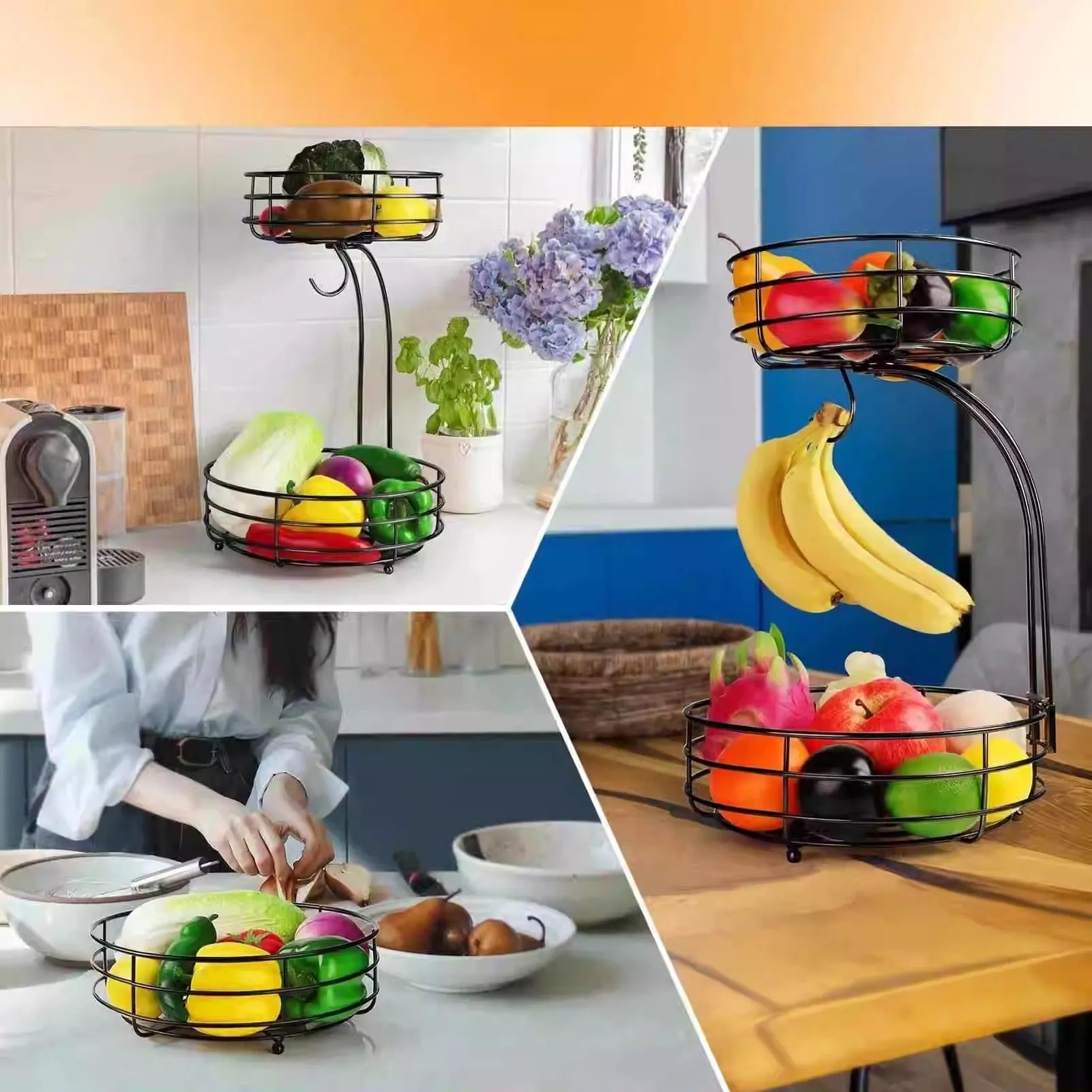Black double-layer wrought iron fruit basket with two storage tiers