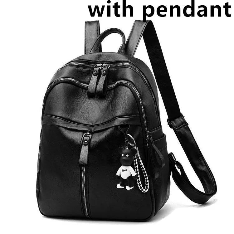 Black PU leather soft surface backpack with double straps showing 20-35L capacity and plain design