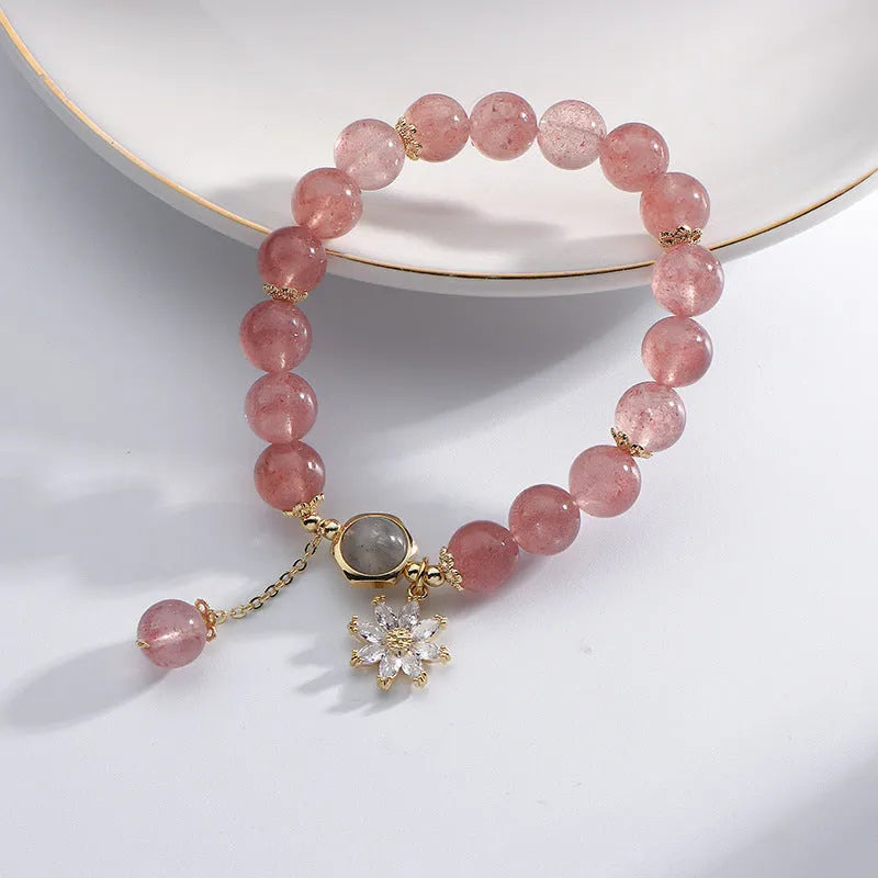 Natural strawberry quartz crystal bracelet with flower elements in Korean mori style