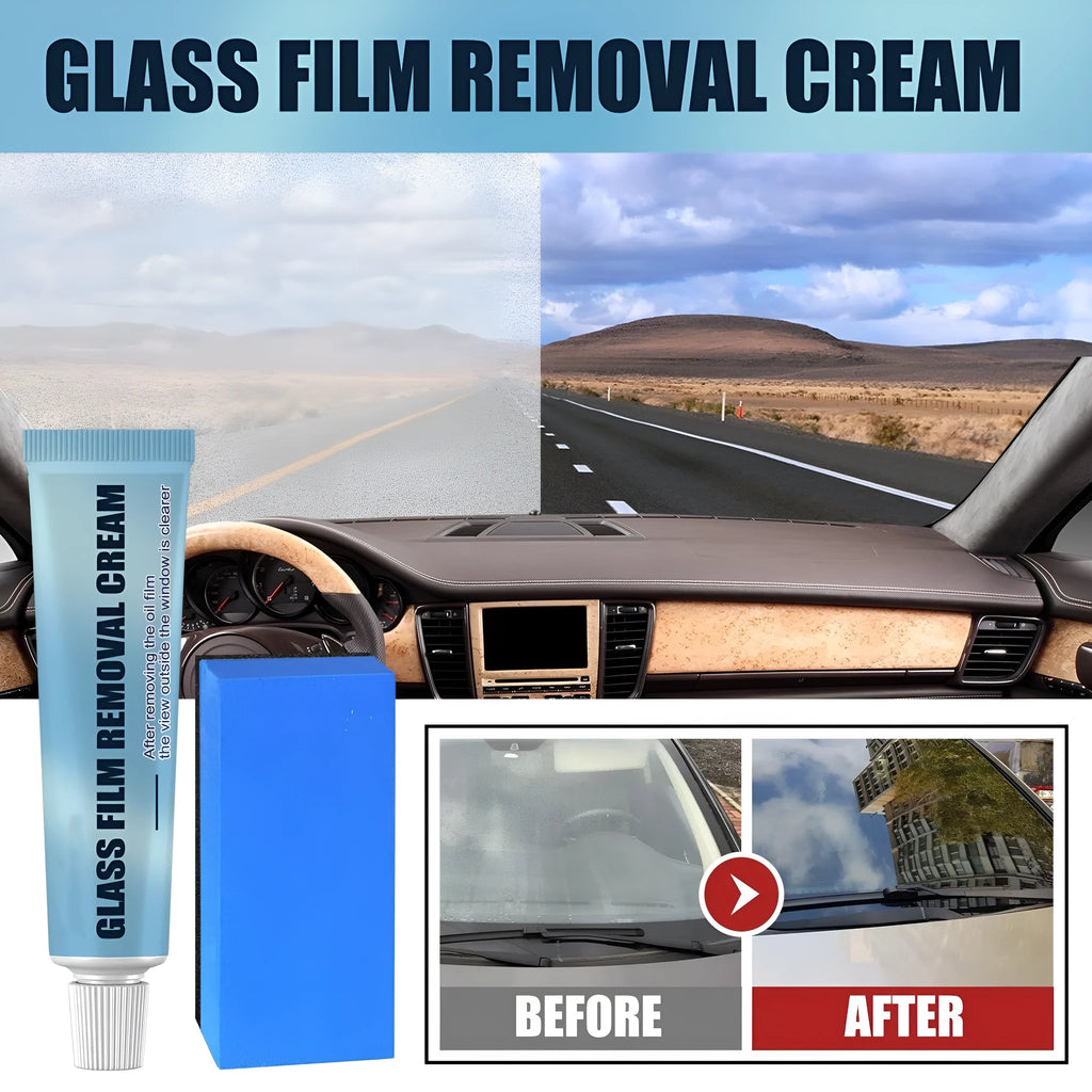 Blue packaged car glass oil film remover with soft sponge applicator for windshield decontamination.