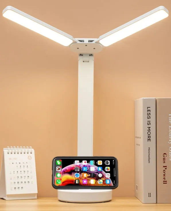 Eye protection LED rechargeable student desk lamp with double-head folding design and touch switch