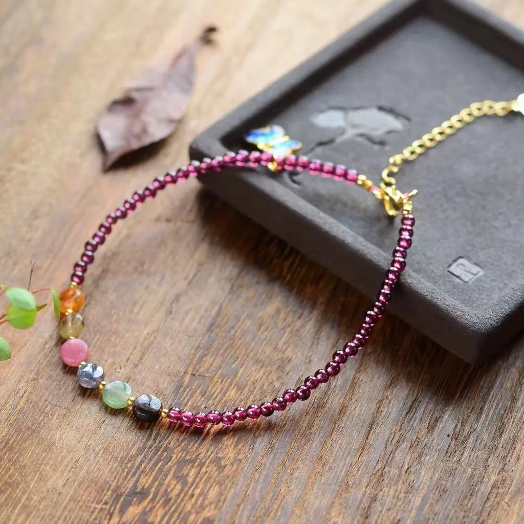 Natural garnet women's purple ethnic geometric anklet on ankle