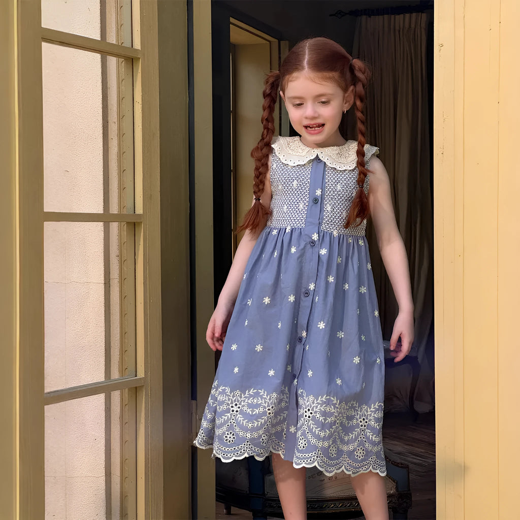 Smocked machine embroidery navy blue cotton sleeveless girls summer dress