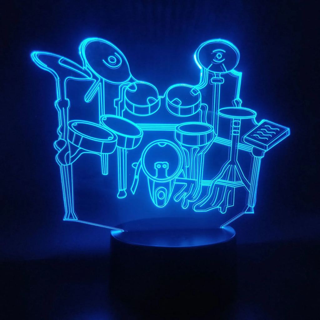 3D drum kit night light showing seven colour options on acrylic board with ABS base and USB cable