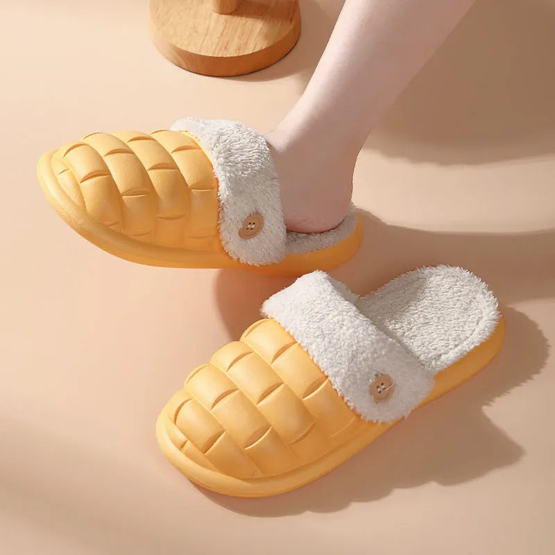 Plaid detachable EVA slippers for women with a plush lining and nonslip sole in pink, green, yellow, or white.