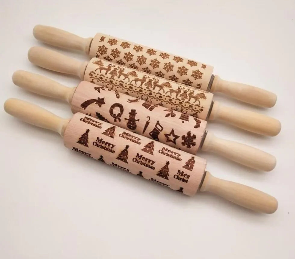 Wooden Christmas embossing rolling pin with snowflake pattern, 45cm length, natural wood finish