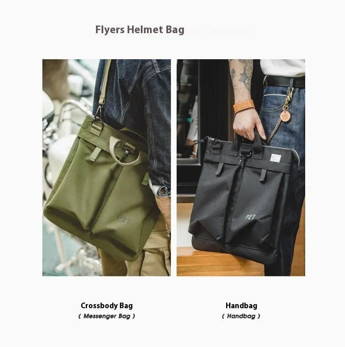 Canvas messenger bag in military green with shoulder strap and laptop compartment