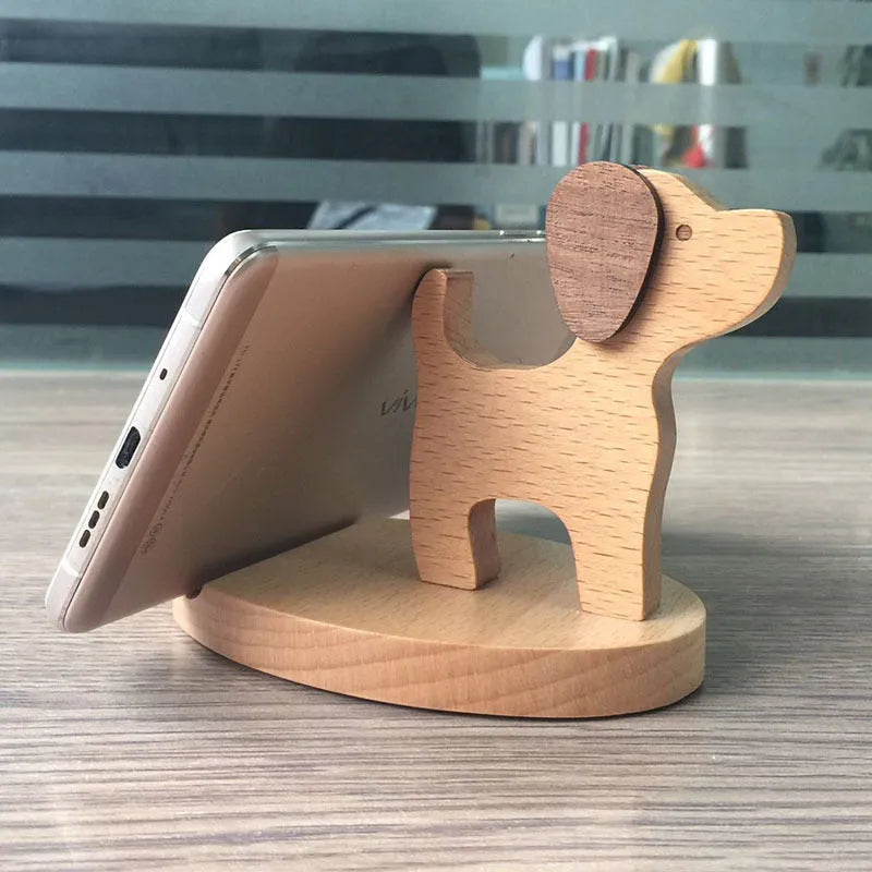 Beech wood mobile phone holder with resin animal design and coin slot