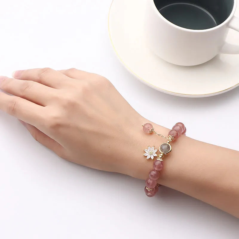 Natural strawberry quartz crystal bracelet with flower elements in Korean mori style