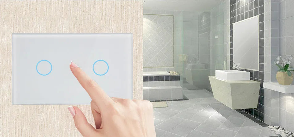 White 2-gang RF remote control light switch with tempered glass touch panel and LED indicators