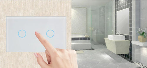 White 2-gang RF remote control light switch with tempered glass touch panel and LED indicators