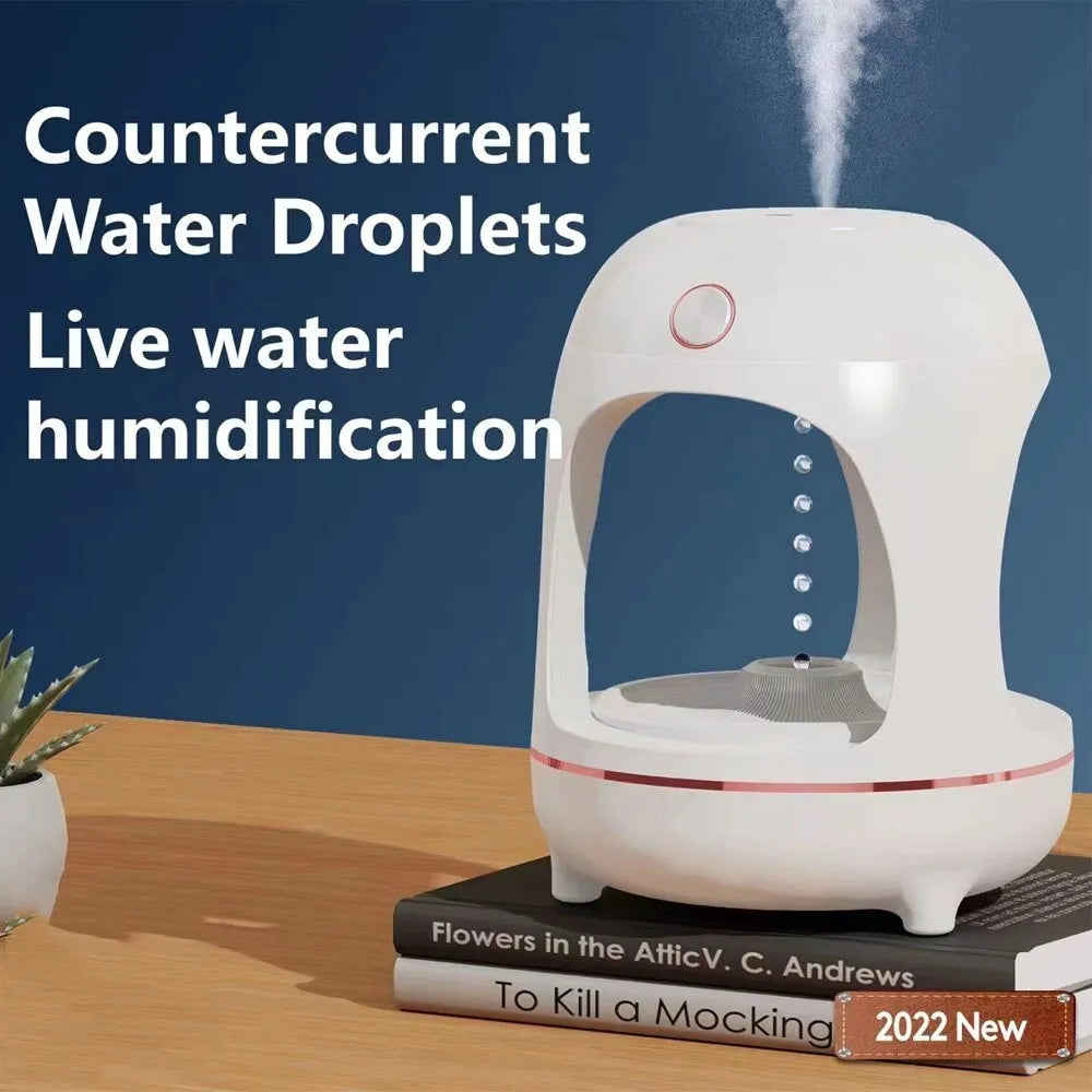 Anti gravity levitating water drops ultrasonic humidifier with LED night light in rose gold and white on a desk