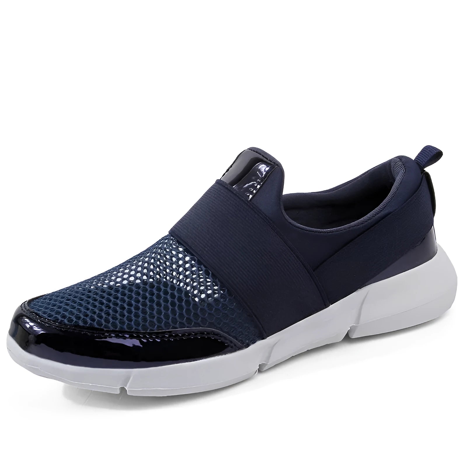 Blue low-top women's mesh sneakers with a casual design on a hard floor surface.