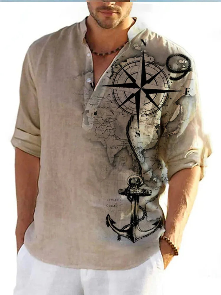 Long sleeve striped Hawaiian casual shirt in thin bamboo linen texture polyester fabric