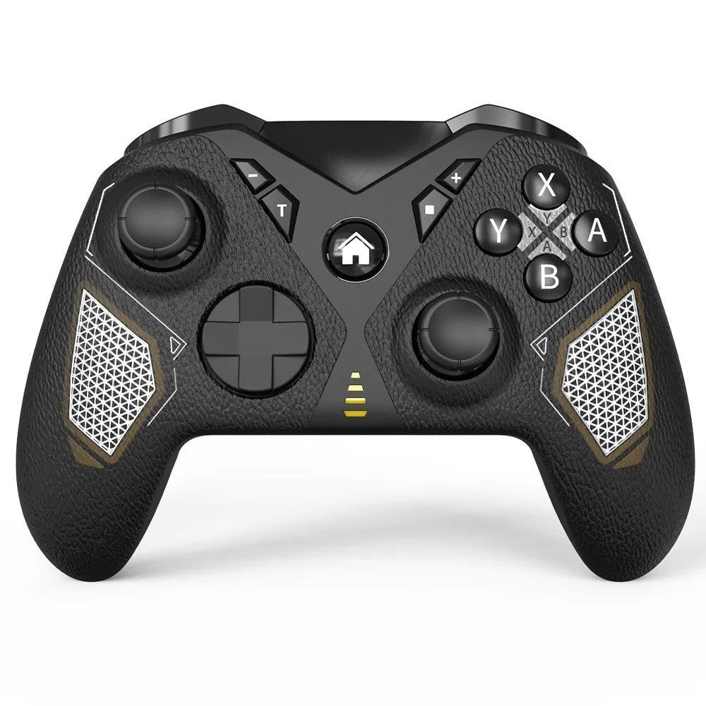 Black wireless Bluetooth game controller with leather-textured finish for Nintendo Switch, smartphones, and PC gaming