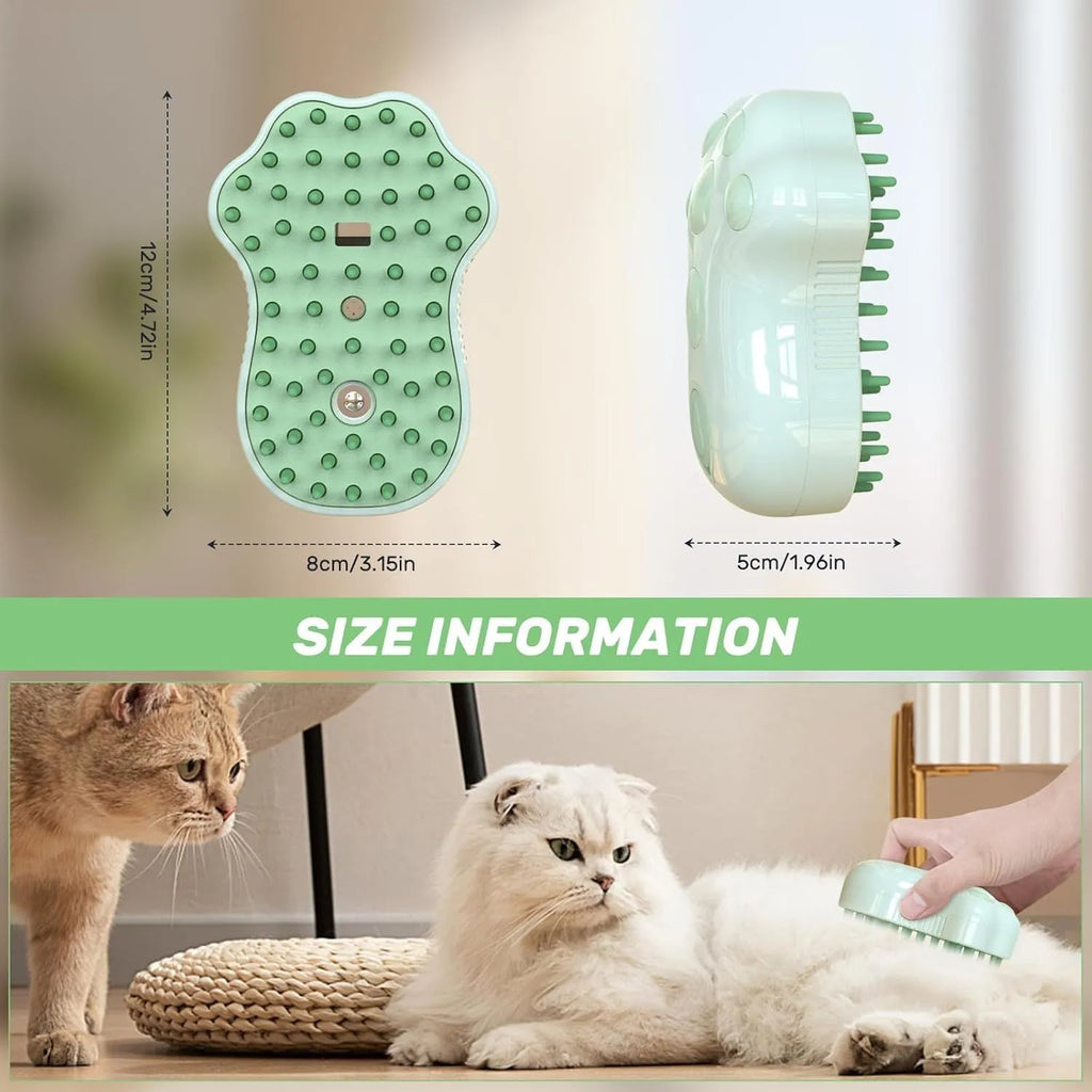 Blue self-cleaning cat steam brush with silicone bristles and release button