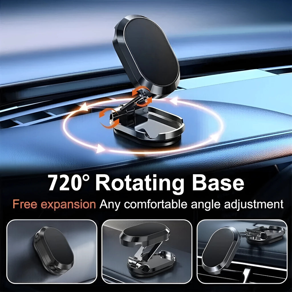 Stainless steel magnetic car phone holder showing folded and extended positions