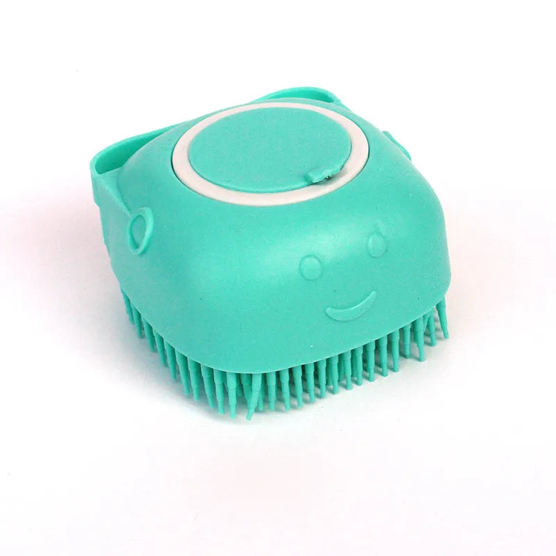 Silicone dog bath massage brush with shampoo dispenser, beige colour, round shape, on white background