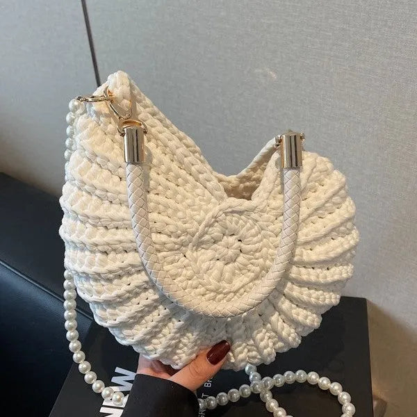 Handmade woven bag women's finished product shell shape cloth double shoulder straps milky white