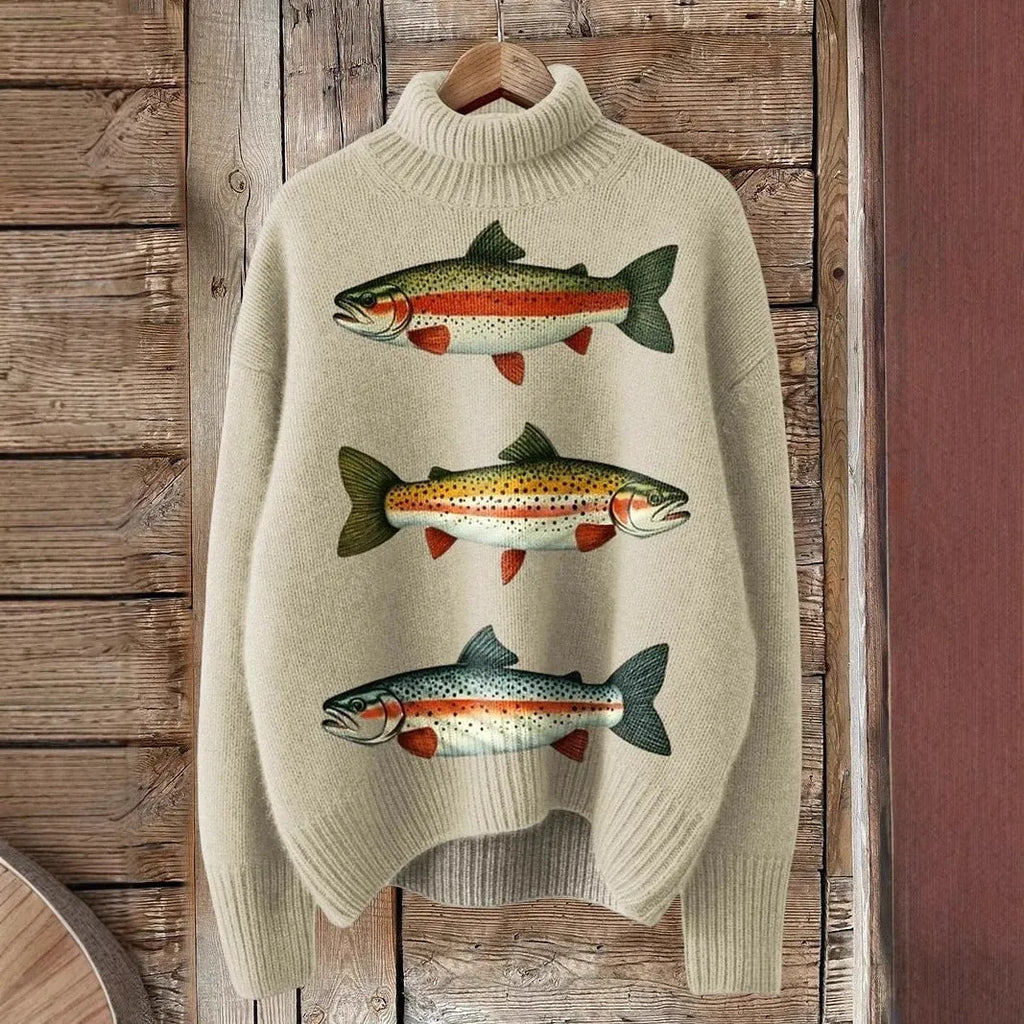 Women's loose fit Christmas printed turtleneck sweater in a macaron colour, showcasing the painting pattern and long sleeves.