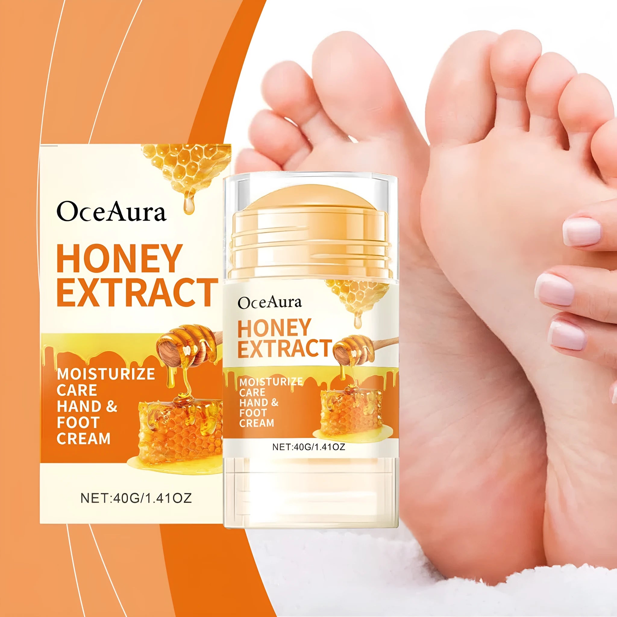 OCEAURA Honey Moisturising Care Stick 40g applied to a dry heel for targeted moisture