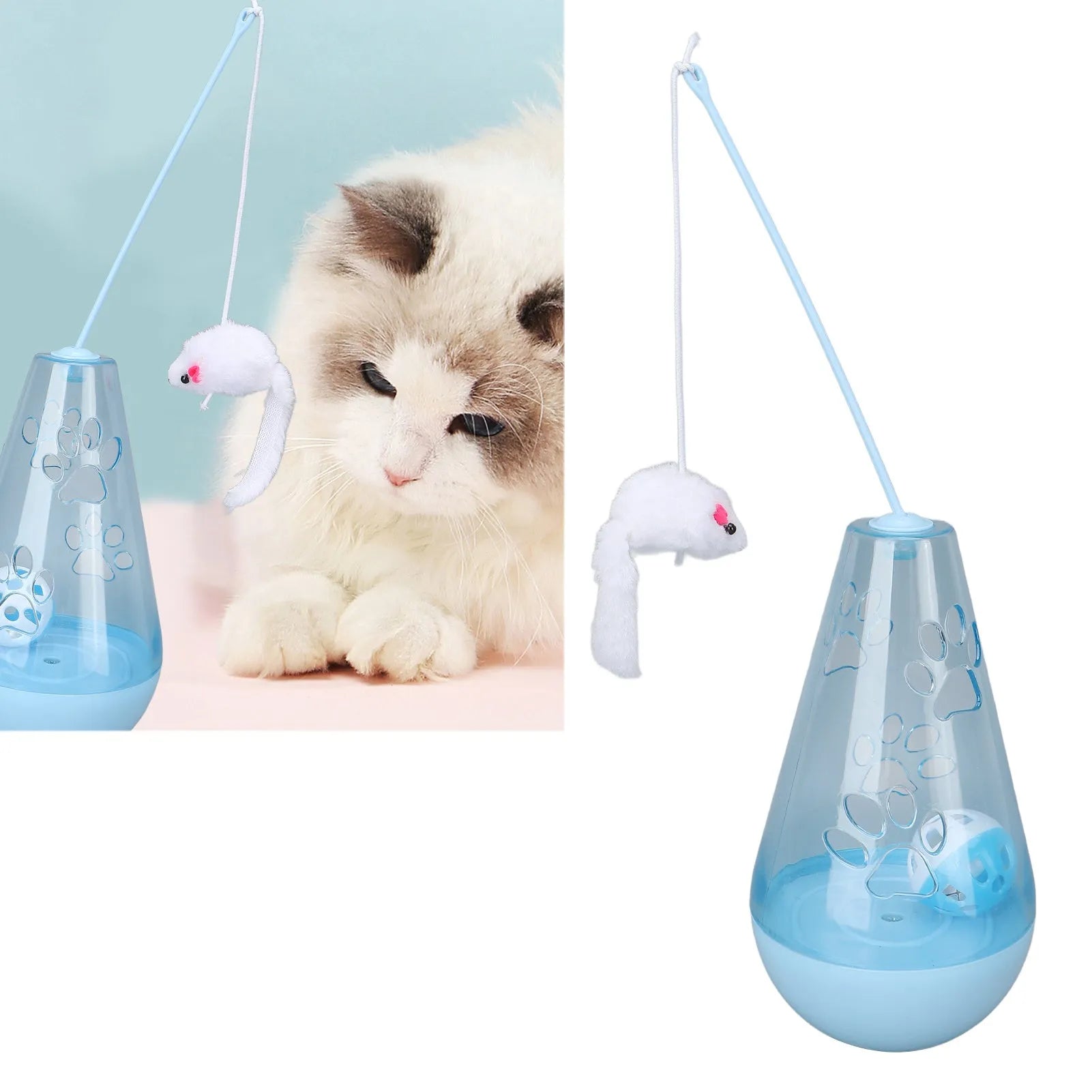 Blue cat toy with bell ball and treat dispenser, plush mouse stick, 30cm tall, on floor