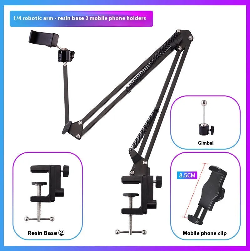 Black foldable metal desktop cantilever bracket holding a tablet, showing its adjustable arms and clamp.