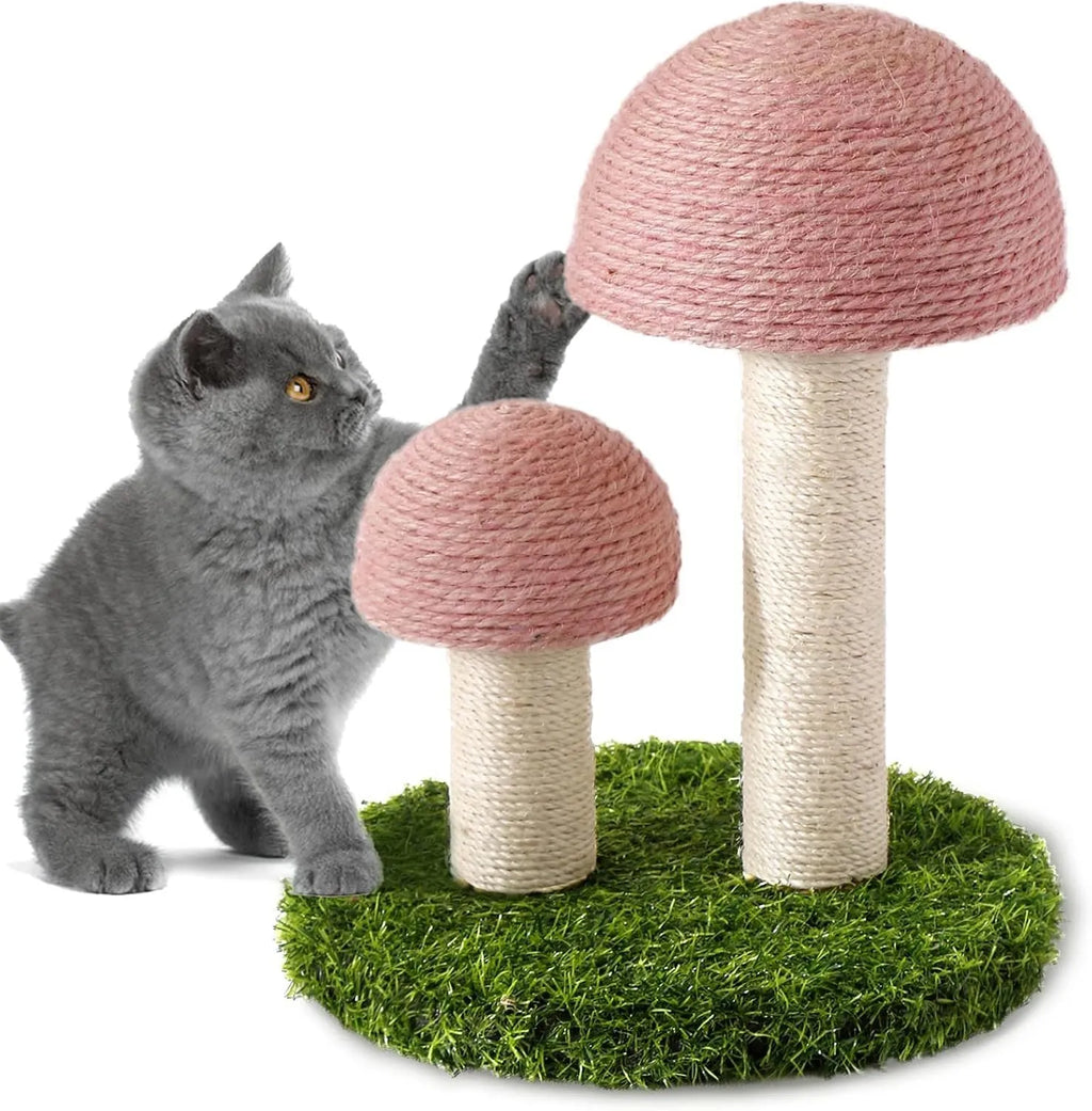 Pink mushroom-shaped cat scratching post with sisal caps for kittens and small cats