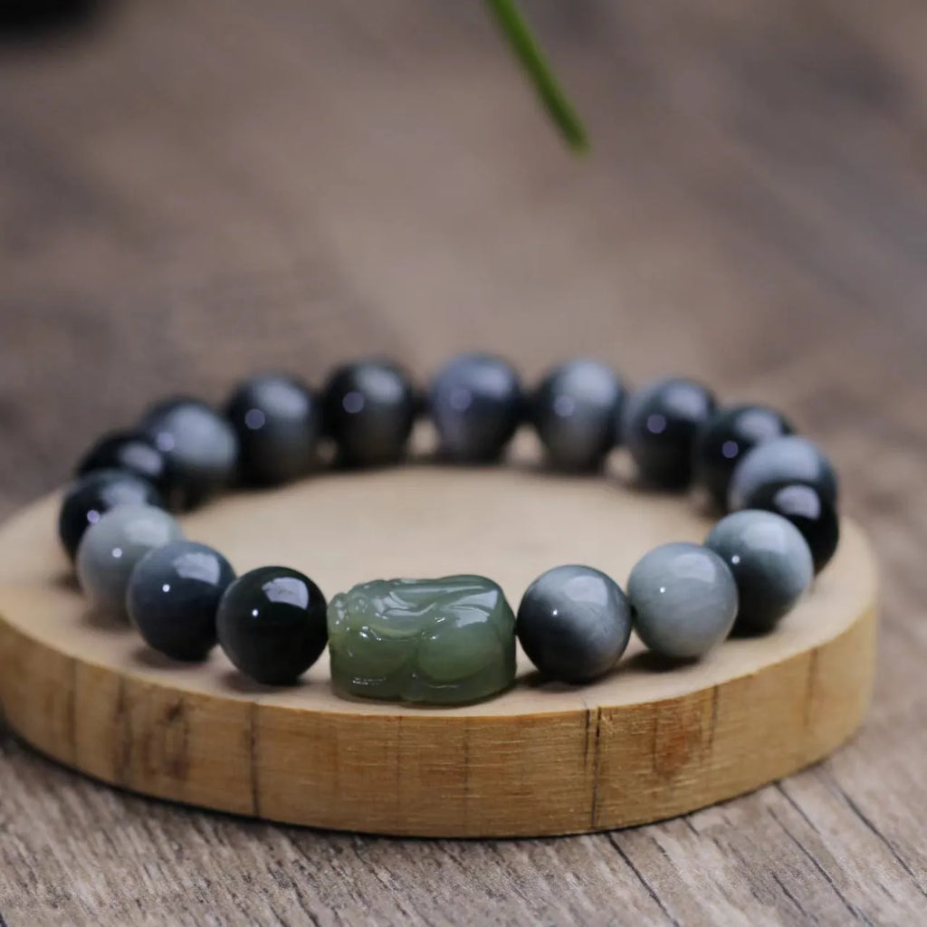 Natural Hetian jade and eagle eye stone Pixiu bracelet, 10mm, black colour, unisex, handcrafted