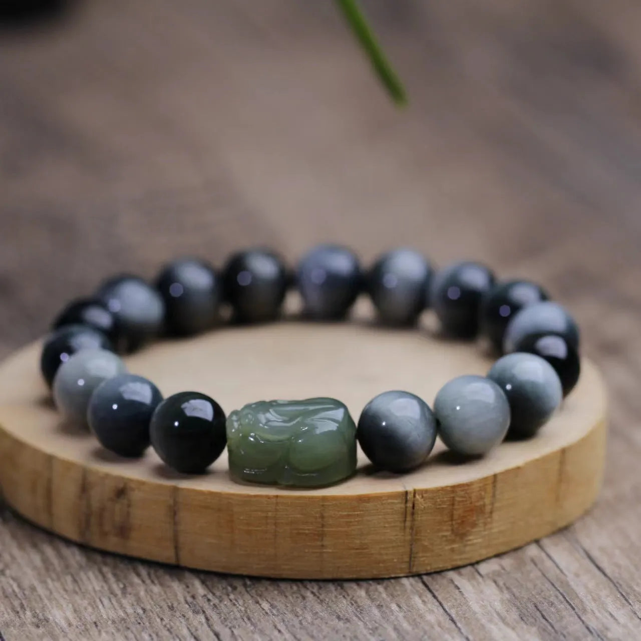 Natural Hetian jade and eagle eye stone Pixiu bracelet, 10mm, black colour, unisex, handcrafted