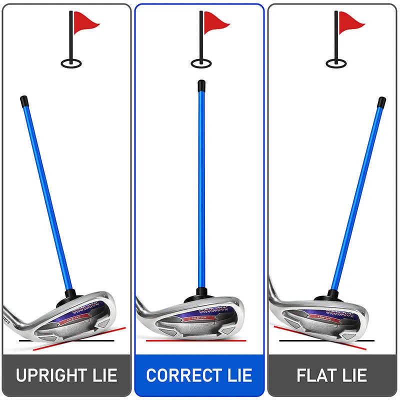 Red and blue aluminium alloy golf swing trainer with magnetic direction and alignment bar.