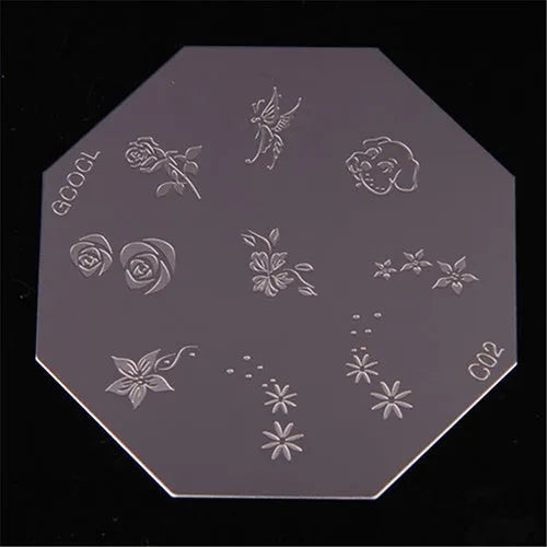 Manual nail art stamping printing machine with sucker base and six stainless steel pattern plates on a desk