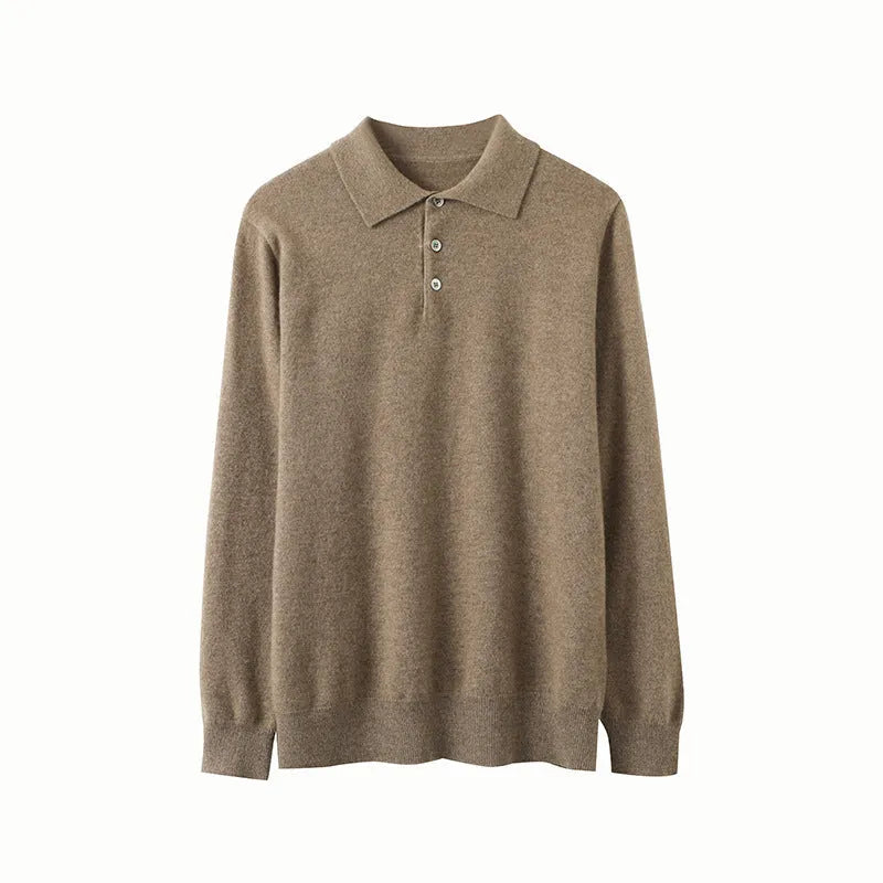 Man wearing a sapphire blue loose-fit cashmere polo neck pullover sweater