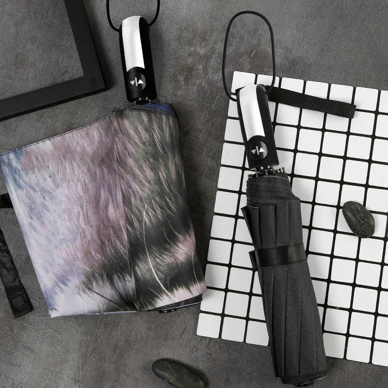 Folding umbrella automatic eccentric tri-fold design with iron frame and NC fabric cover, 8 ribs, plastic handle