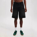 Men's loose straight leg jeans in light blue, black, and grey colour options showing street style design