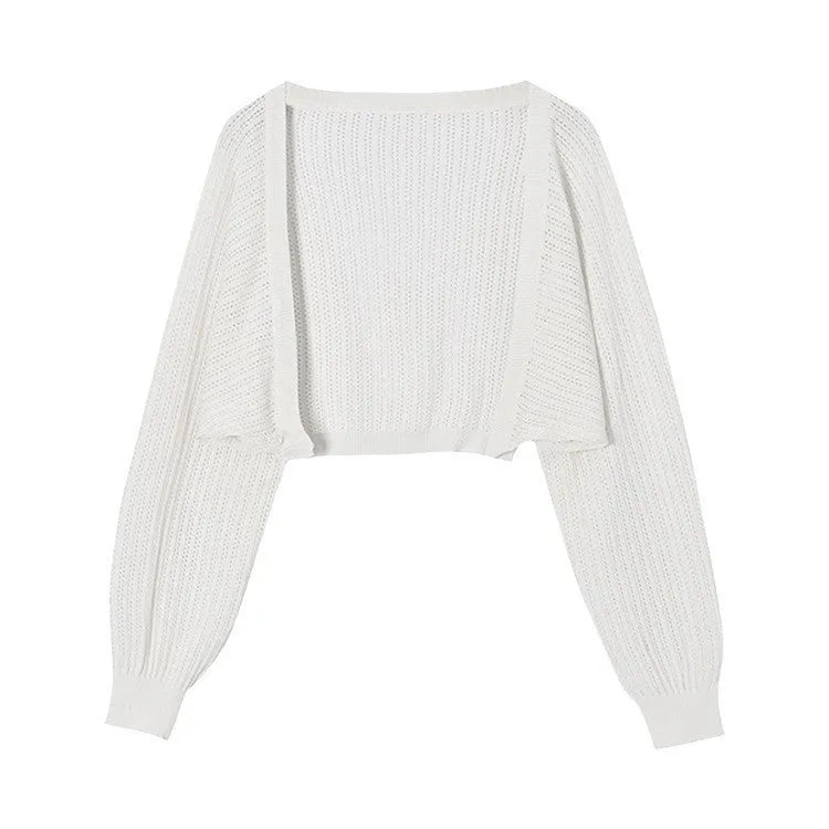Hollow thin loose lantern sleeve sun protective blouse in apricot, front view for commute
