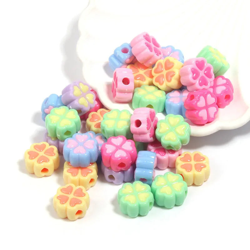 Acrylic four-leaf clover beads in mixed colours with frosted finish, 15mm diameter for jewellery making