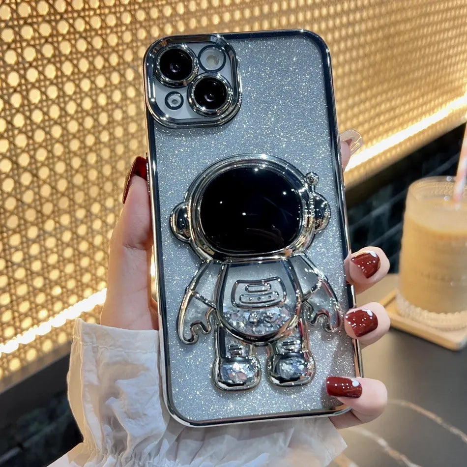 Astronaut spaceman quicksand phone case with electroplated finish and glitter powder for iPhone