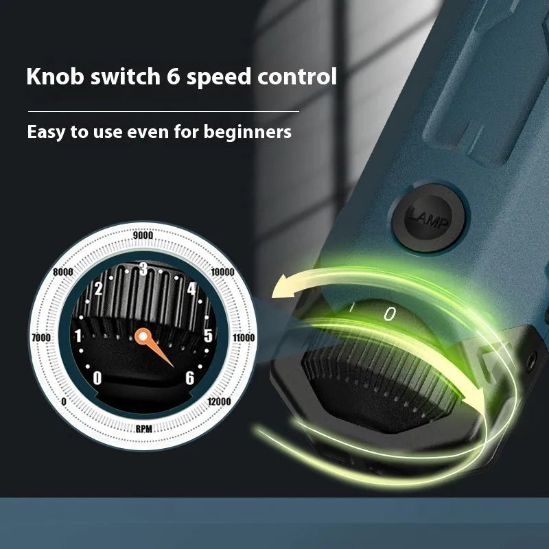 Dark blue pet 6-speed nail grinding device with LED light and fine grinding head on a white background