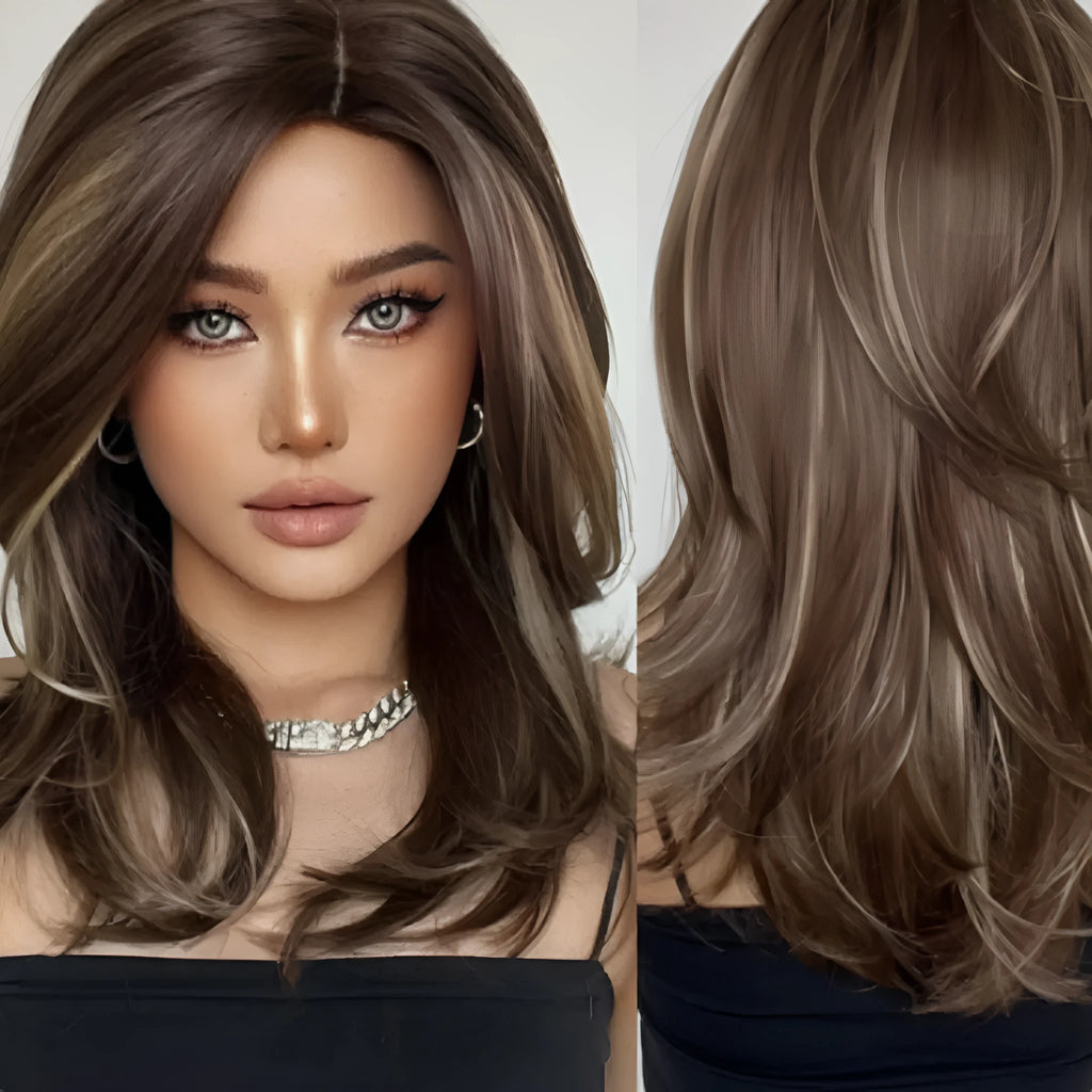 Mid-length curly synthetic wig with platinum gradient colours and bangs
