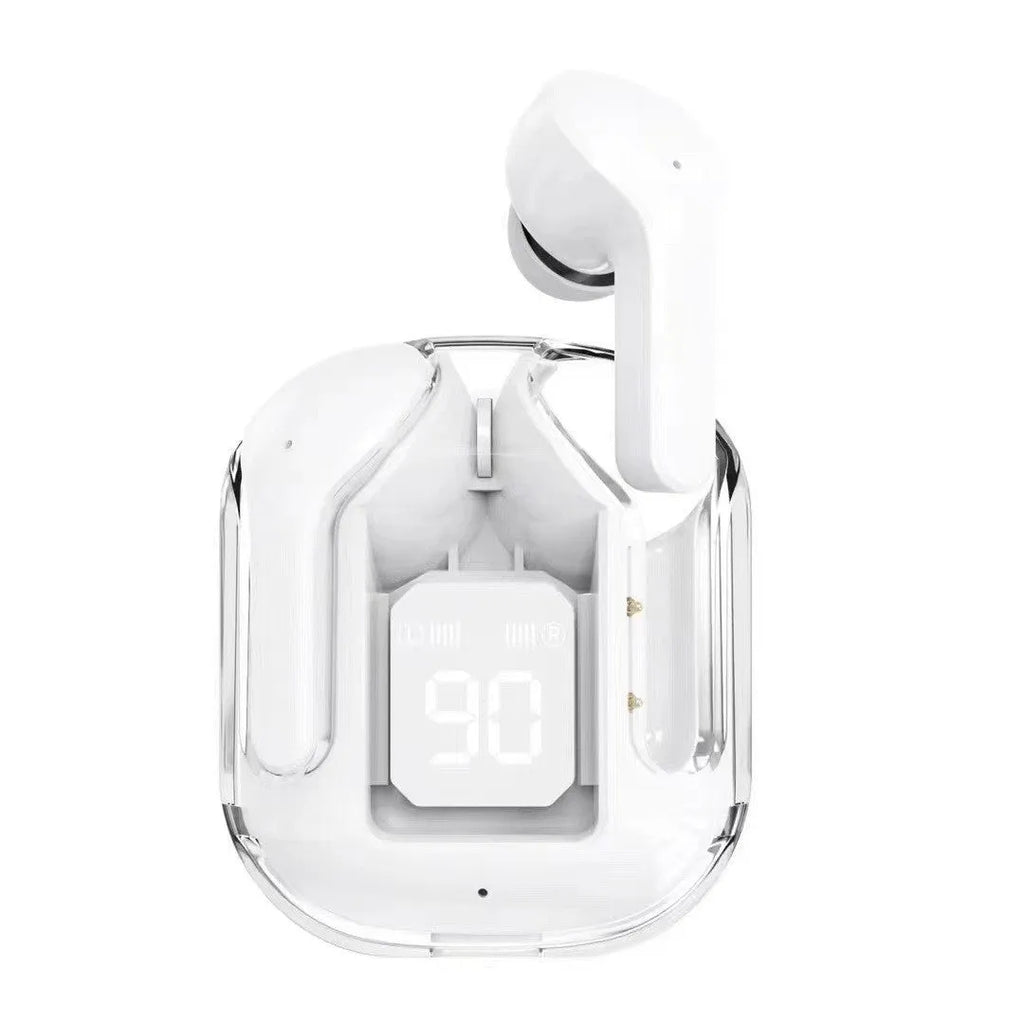 Transparent space capsule case containing black Bluetooth earphones with a digital battery display screen.