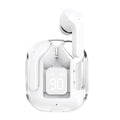 Transparent space capsule case containing black Bluetooth earphones with a digital battery display screen.