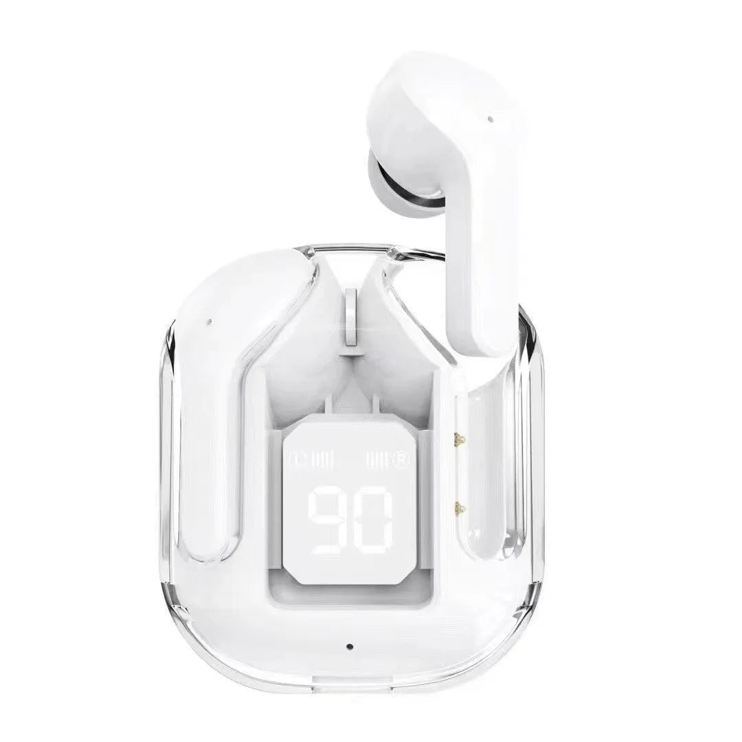 Transparent space capsule case containing black Bluetooth earphones with a digital battery display screen.