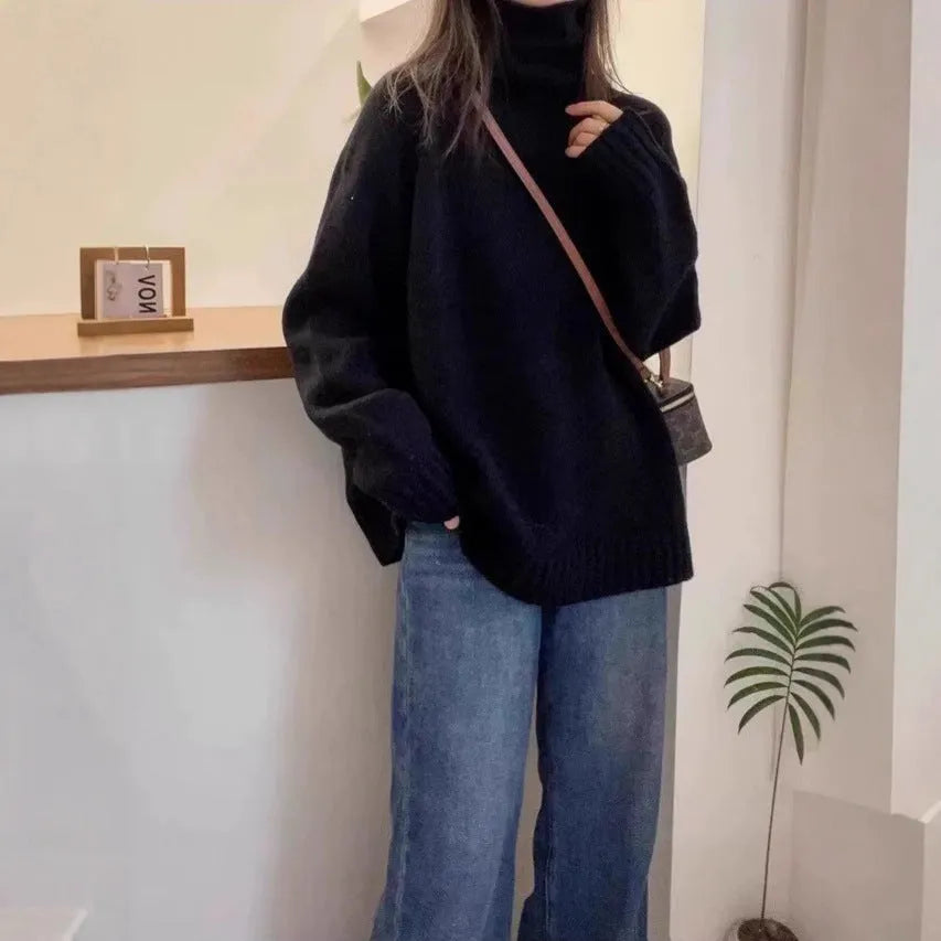 Women's loose thick turtleneck sweater with textured curling pile collar in solid colour