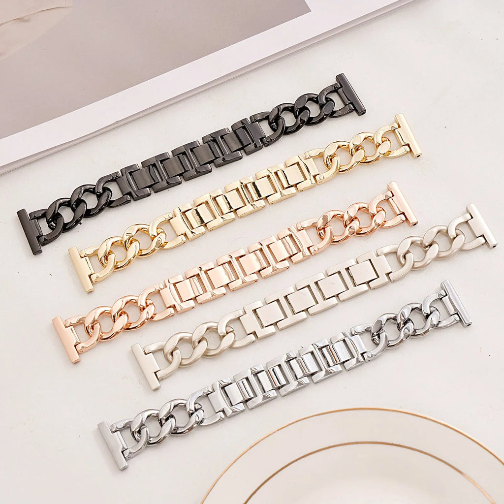Denim chain metal Apple Watch compatible strap in silver, black, gold, rose gold, and starlight colours for 38-49mm cases.