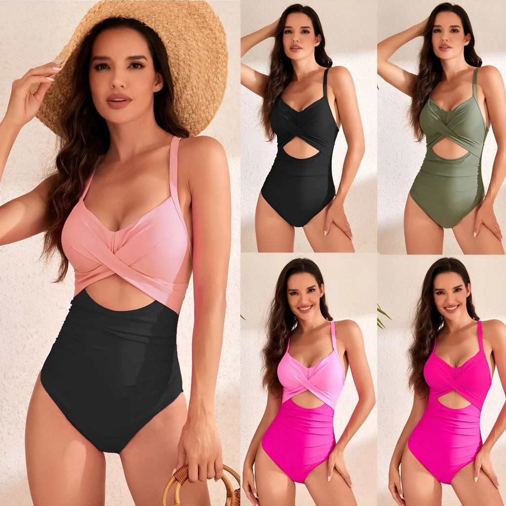 Hollow solid colour high-waist one-piece swimsuit for women with spandex lining, in Black