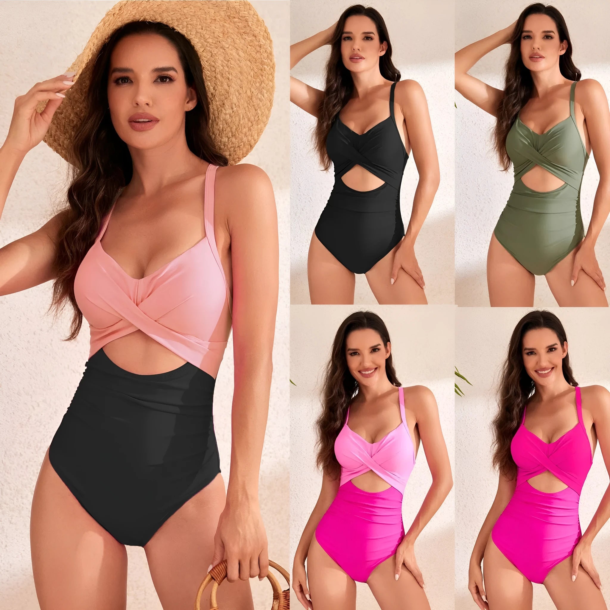 Hollow solid colour high-waist one-piece swimsuit for women with spandex lining, in Black