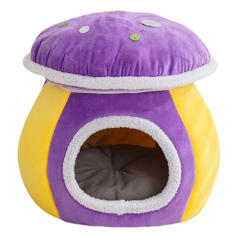 Grey mushroom-shaped plush cat bed with raised sides, showing a cosy nest for a cat.