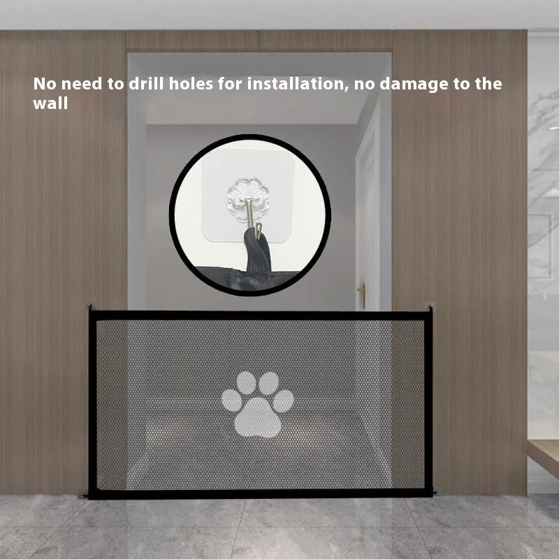 Portable folding dog barrier with pet doorsill showing dog footprint graphics