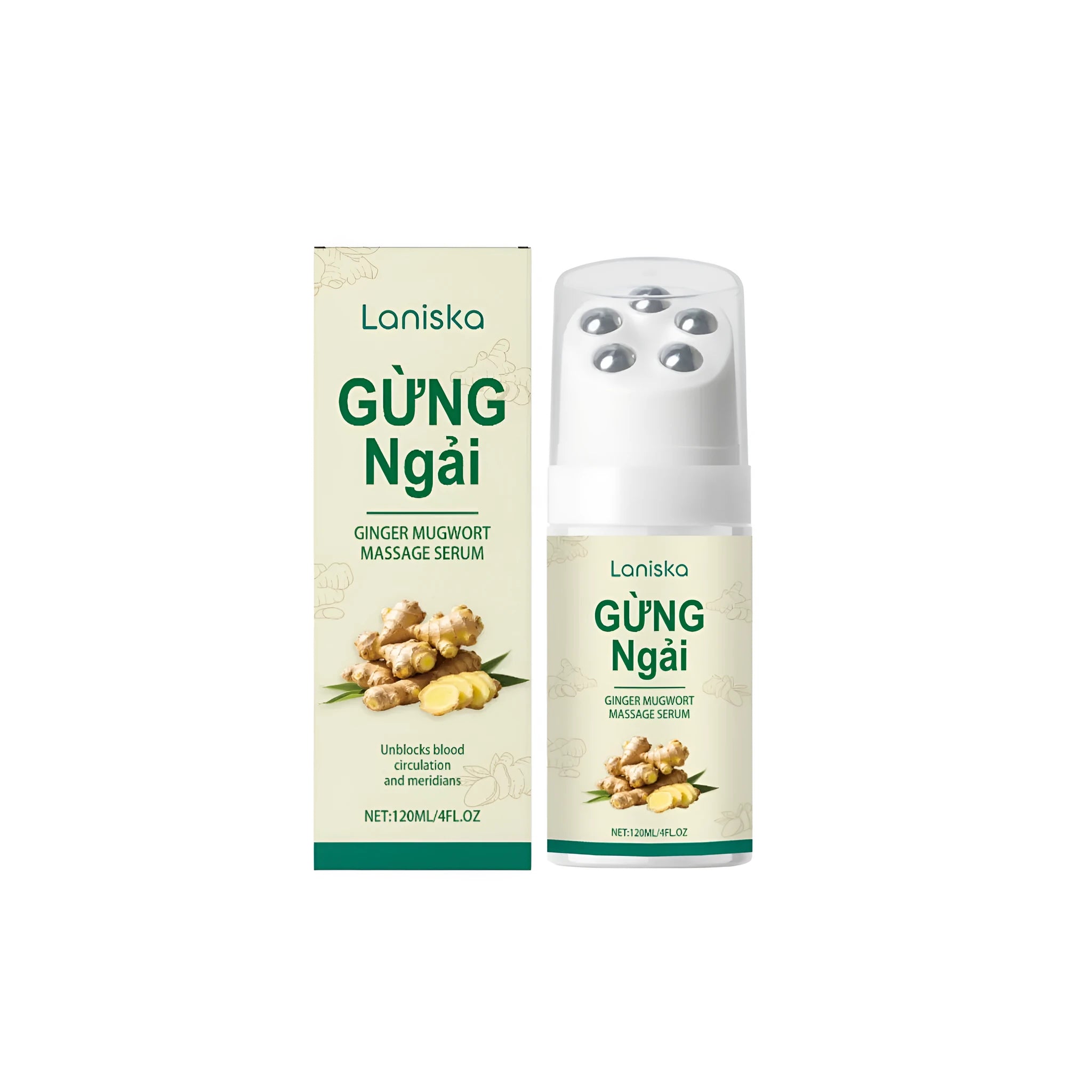 Ginger Wormwood Roller Massage Liquid 120ml bottle with roller applicator, featuring ginger root oil and mugwort root